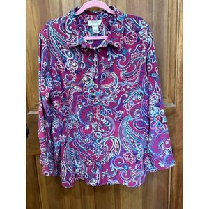 Mainstreet Blues Womens Paisley Print Long Sleeve Button Up Shirt Top Tunic 1X